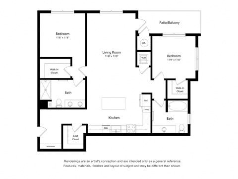 Floor plan for 2 beds, 2 baths, 1238 sqft